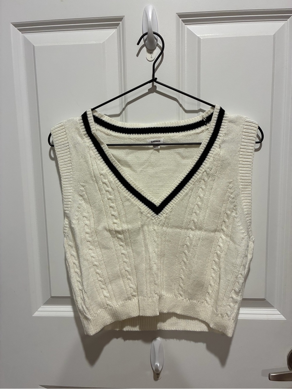 Garage White Cable Knit V-Neck Sweater Vest with Black Trim